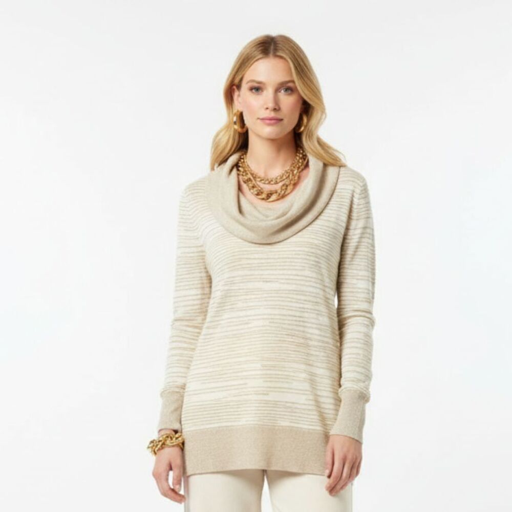 Cache Ivory & Gold Long Sleeve Striped Cowl Neck Knit Tunic Sweater S